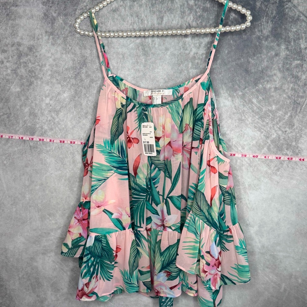 Forever 21 Large Cold Shoulder Ruffle Chiffon Blouse Pink Tropical Floral